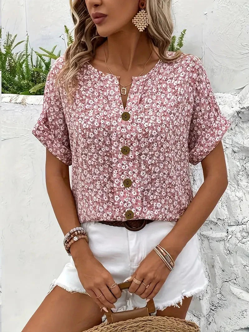 Zelma™ -  blomstrete bluse med V-hals