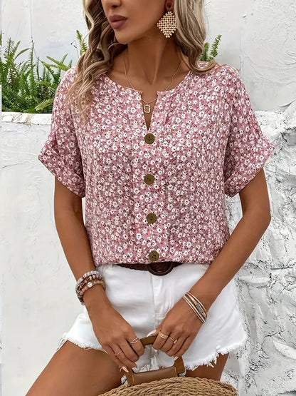 Zelma™ -  blomstrete bluse med V-hals